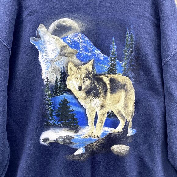 Vintage Jerzees Sweater Men's XL Navy Crew Neck 90s Single Stitch Wolf Full Moon - Picture 3 of 10